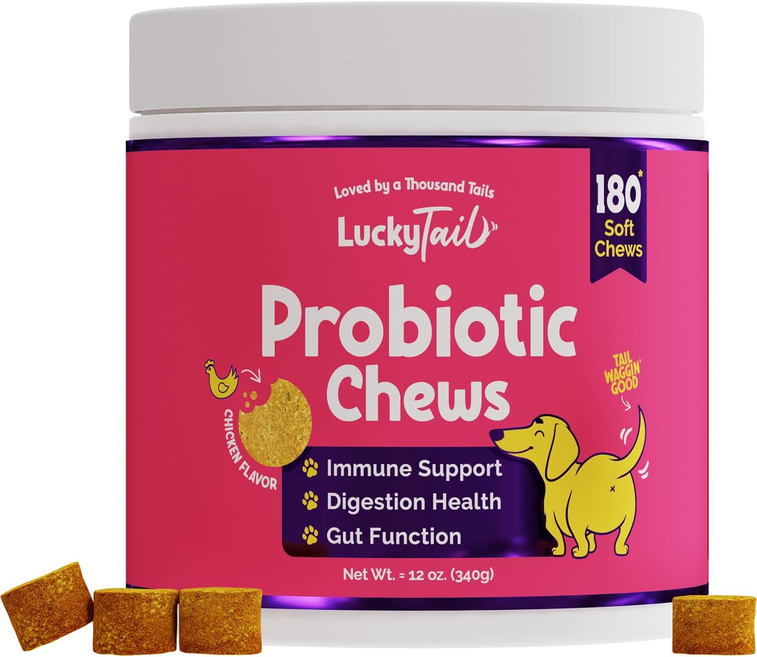 LuckyTail – Masticables probióticos para perros, salud intestinal para perros, esenciales para el abdomen para perros, polvo de calabaza para