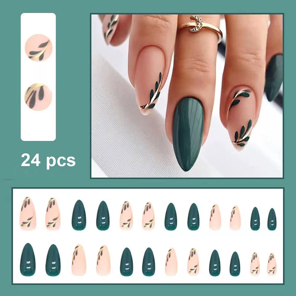 Magrace Uñas postizas medianas con diseño de almendra, uñas postizas francesas con diseños, 24 unidades, uñas adhesivas para mujer