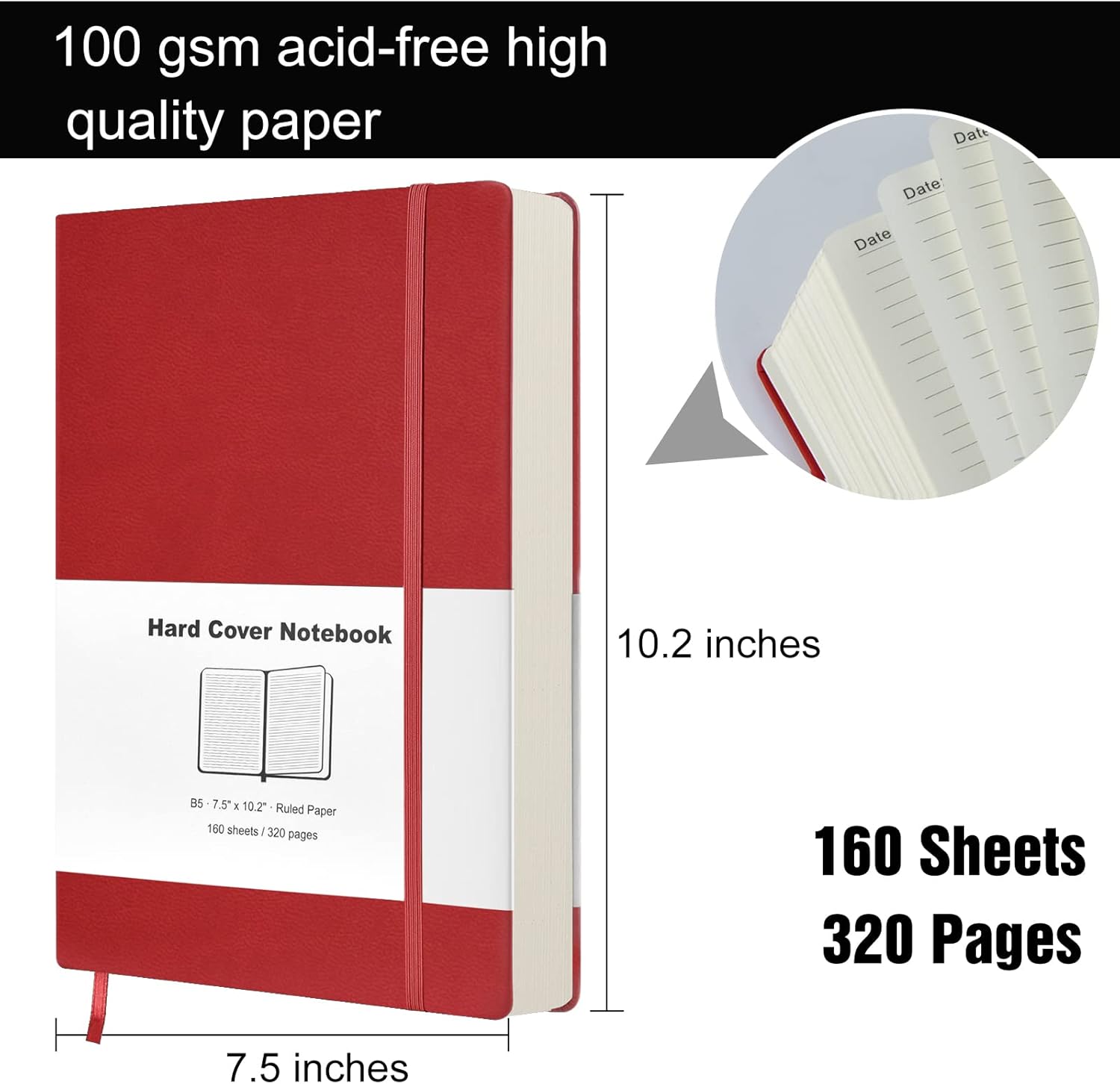 Cuadernos grandes a rayas  320 páginas numeradas B5 cuadernos de composición con rayas universitarias, diarios de tapa dura de cuero para oficina,