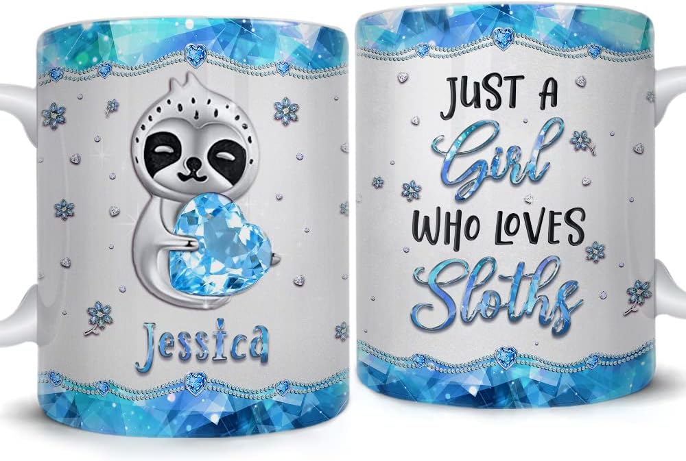 SANDJEST Taza de café personalizada de perezoso, taza de cerámica de 11 onzas y 15 onzas, estilo de joyería, con texto en inglés Just A Girl Loves