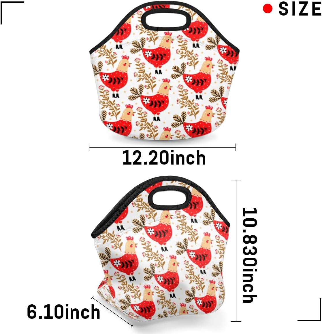 Bolsa de almuerzo de neopreno con diseño de flores de pollo, suave, lavable, reutilizable, aislada, ligera, para preparación de comidas, para