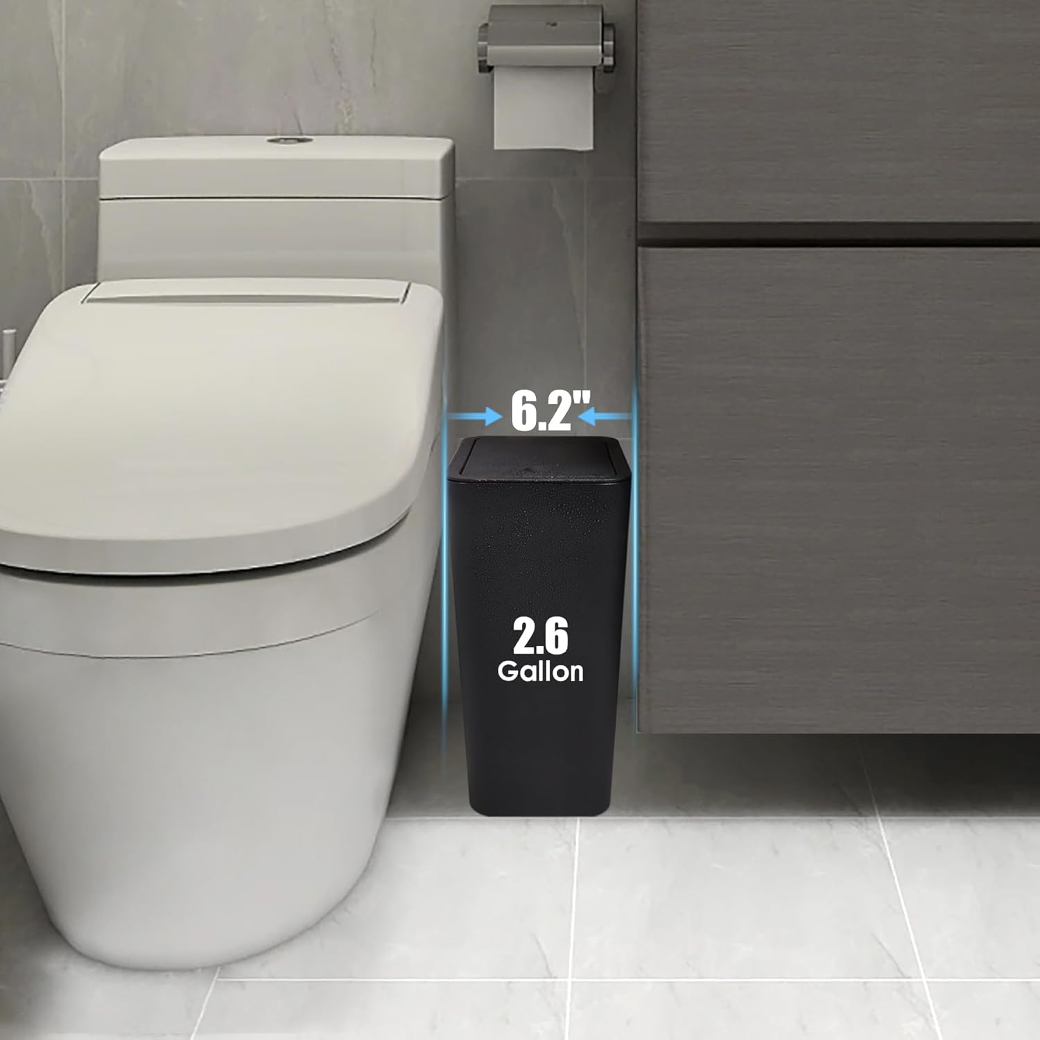 Basurero de baño con tapa, cubo de basura delgado de 10 litros2.6 galones, cesta de basura pequeña con tapa desplegable para cocina, dormitorio,
