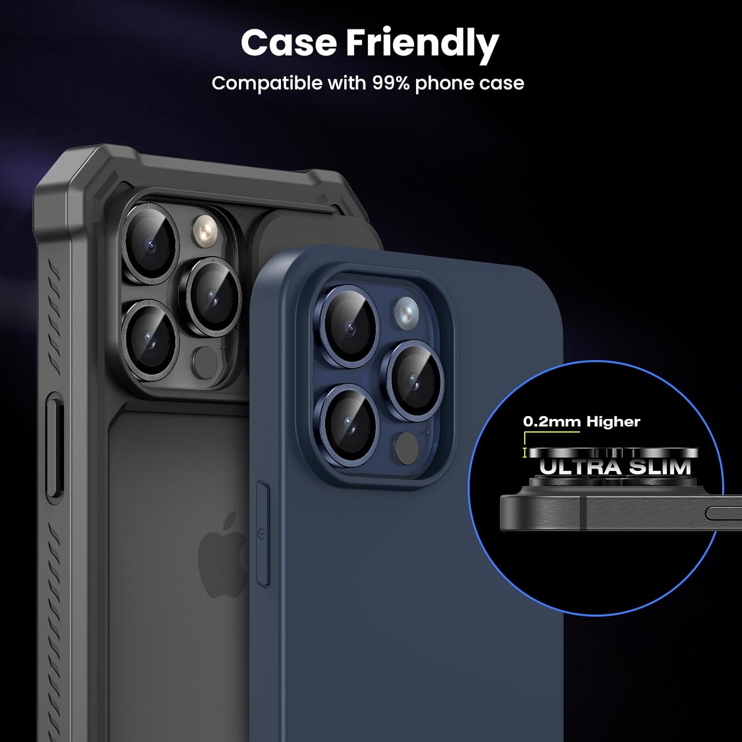 Tensea Protector de lente de cámara para iPhone 15 ProiPhone 15 Pro Max, protector de pantalla de vidrio templado 9H, anillo individual de metal