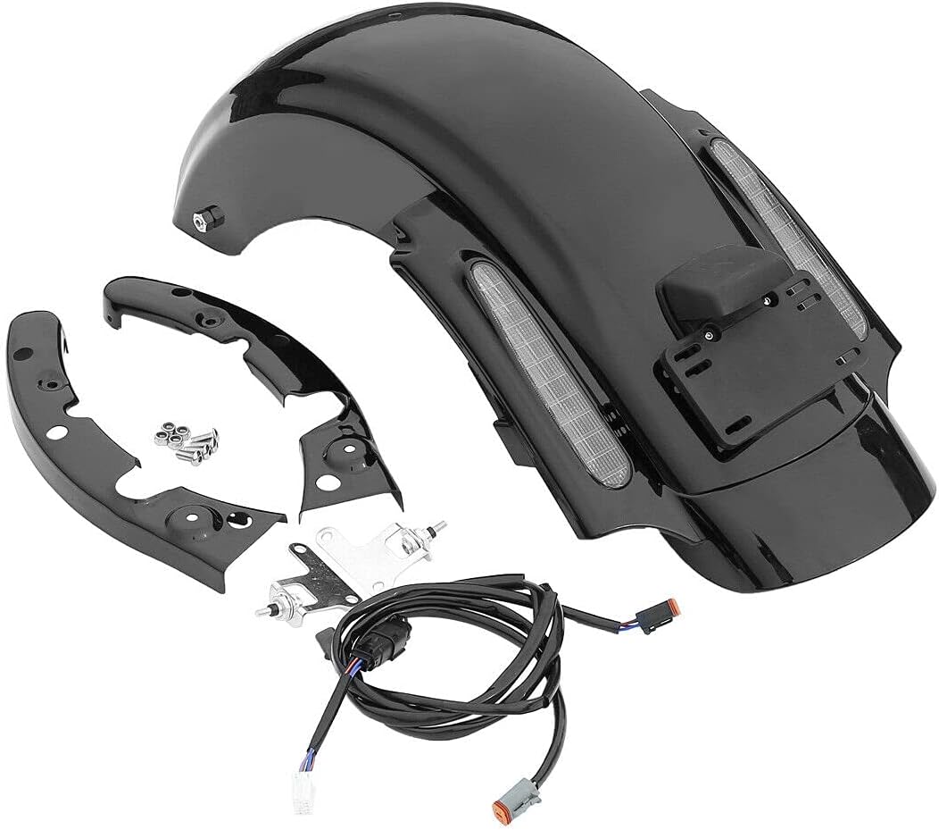 TCMT Alforjas duras de 6 x 9 pulgadas, tapas de altavoz y forros de alfombra + guardabarros trasero LED para Harley Touring Road King Electra Glide