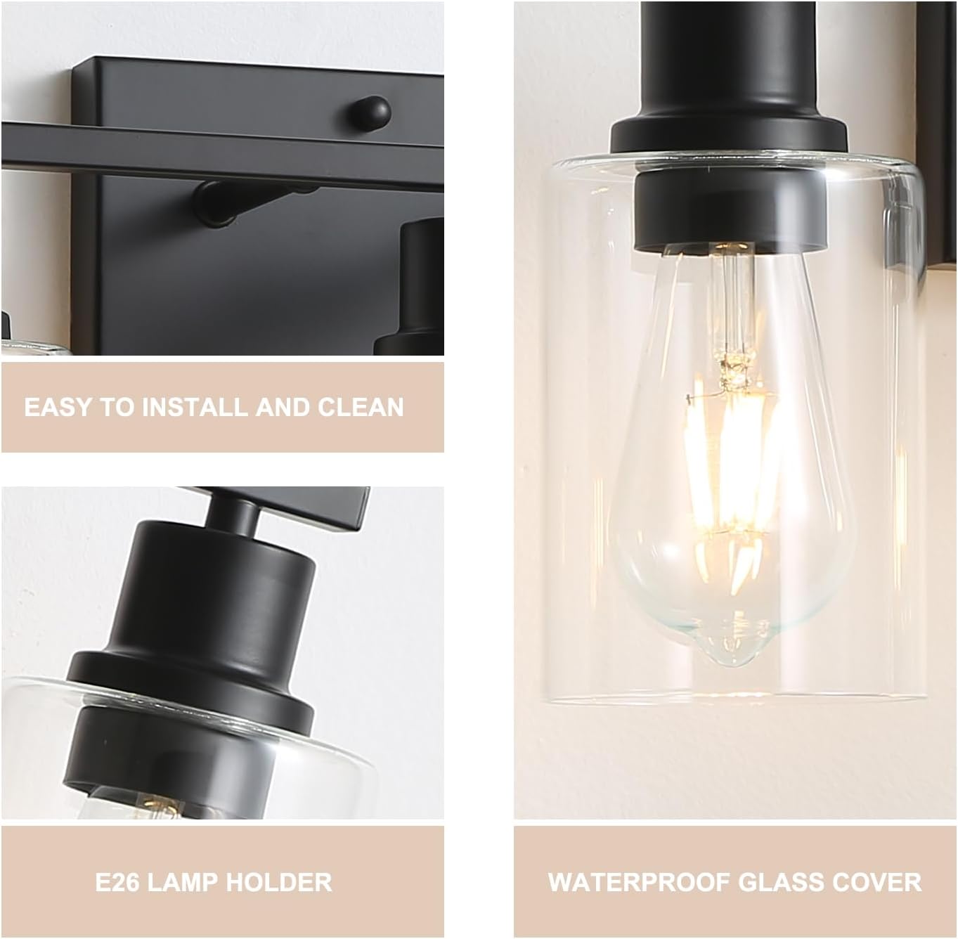 Lámparas de tocador de baño de 3 luces, apliques de pared negro mate con pantallas de vidrio transparente, iluminación de pared moderna de granja