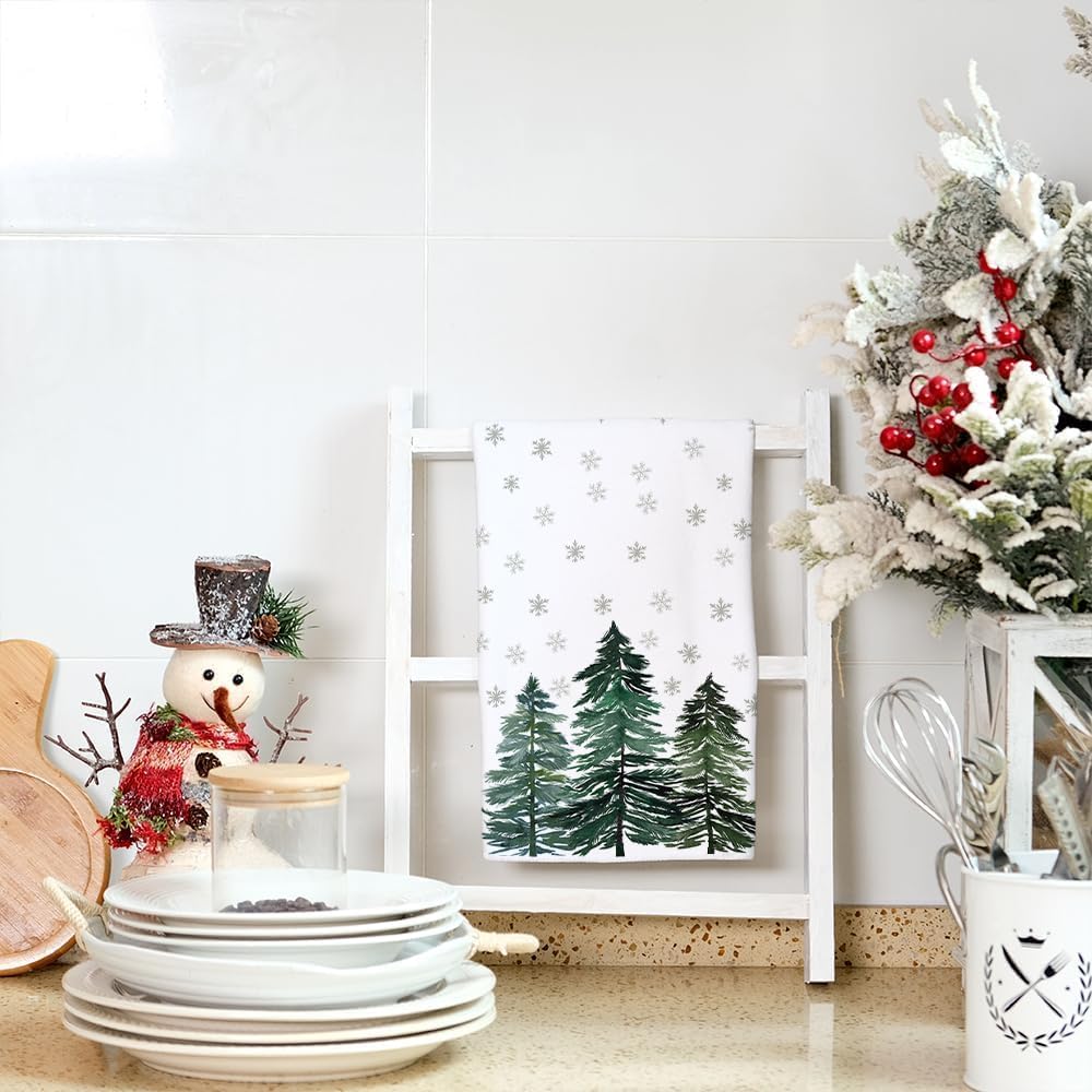 ARKENY AD016 – Juego de 2 paños de cocina para decoración de Navidad, color verde, árbol de Navidad, 18 x 26 pulgadas, diseño de copos de nieve,