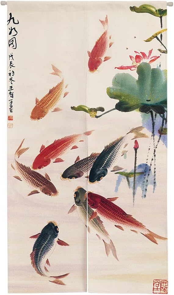 Ofat Home Cortina de puerta con pintura de tinta china, carpas, peces koi, noren, japonés, te trae buena suerte, tapiz para colgar en la pared,