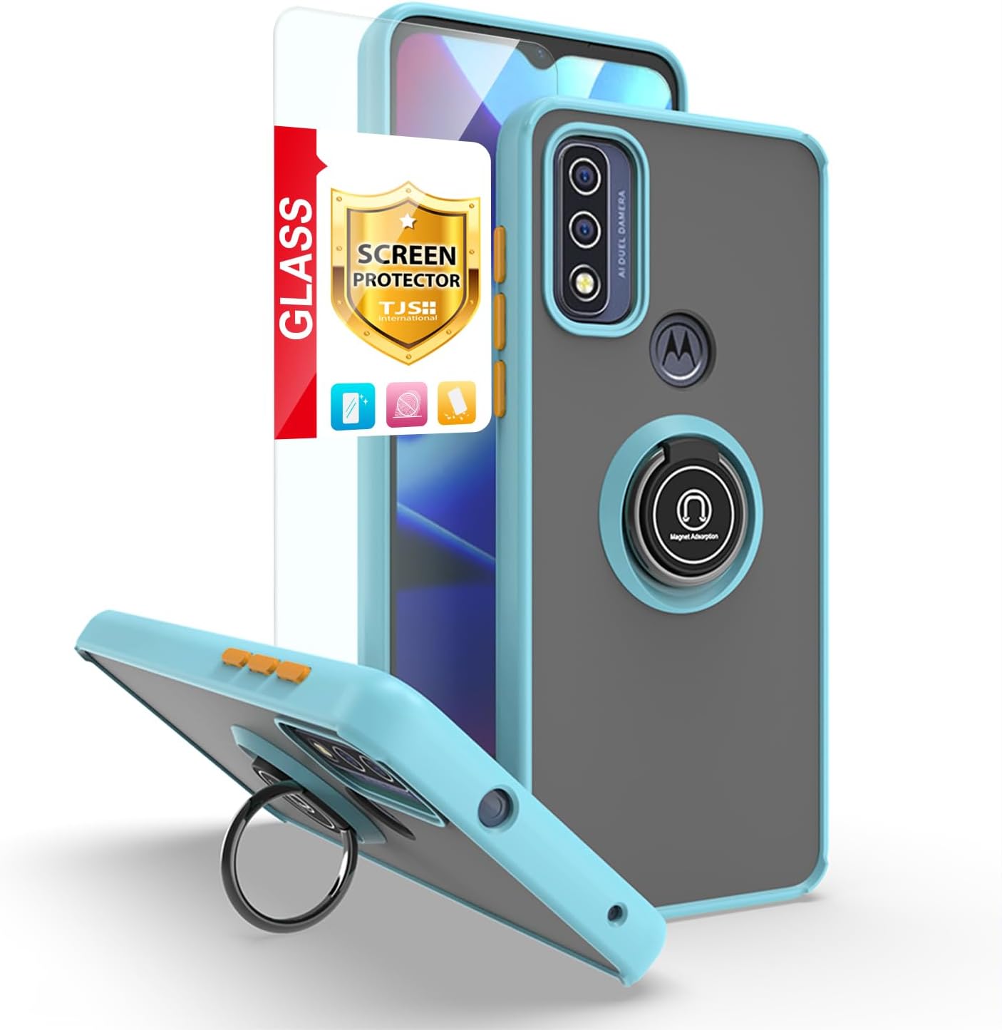 TJS Funda compatible con Motorola Moto G Play 2023, Moto G Power 2022G Pure 2021, protector de pantalla de vidrio templado, anillo de metal soporte