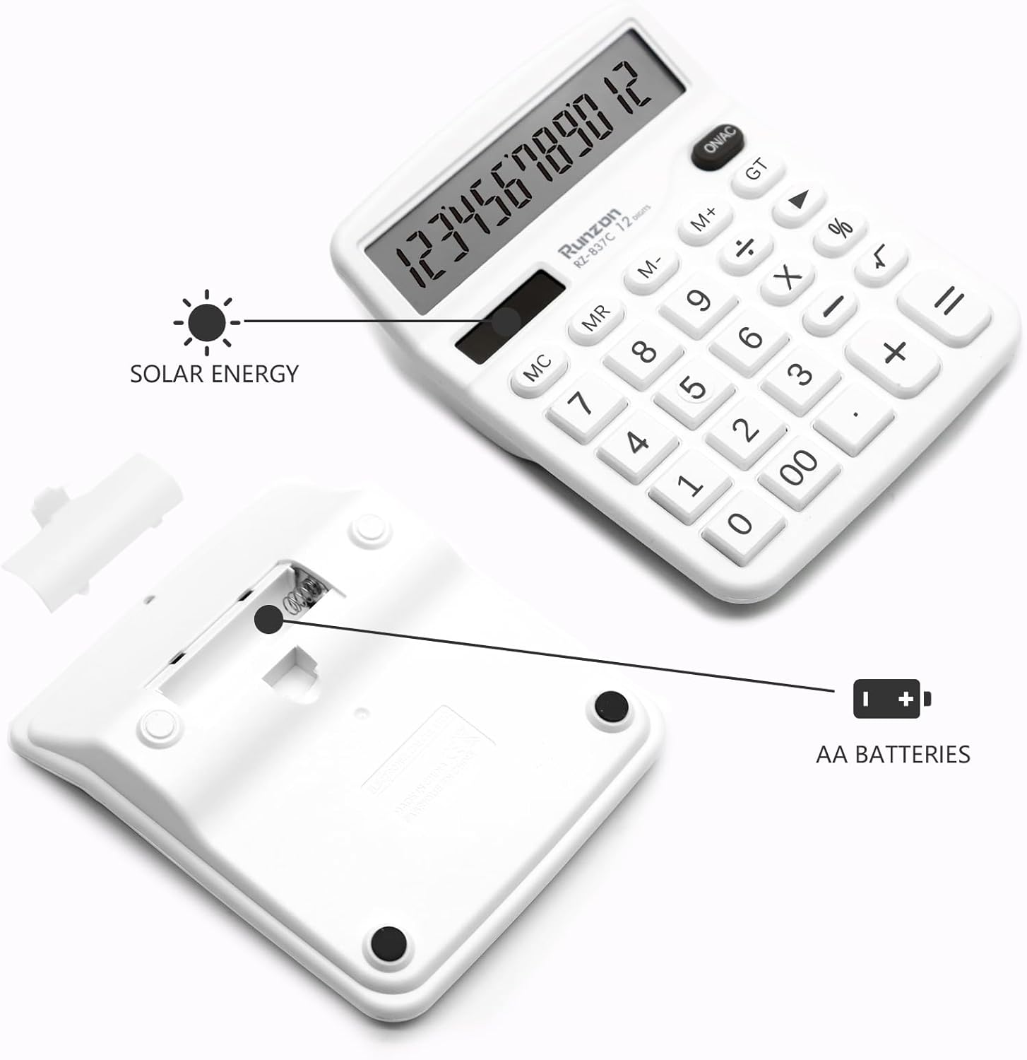 Calculadora blanca, calculadora de oficina básica, calculadora de escritorio de 12 dígitos, pantalla LCD grande para suministros de oficina blancos