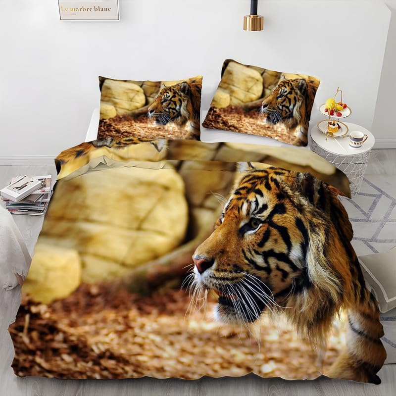 Juego de funda de edredón tamaño individual de tigre marrón claro, juego de ropa de cama individual con estampado de animales, funda de edredón de