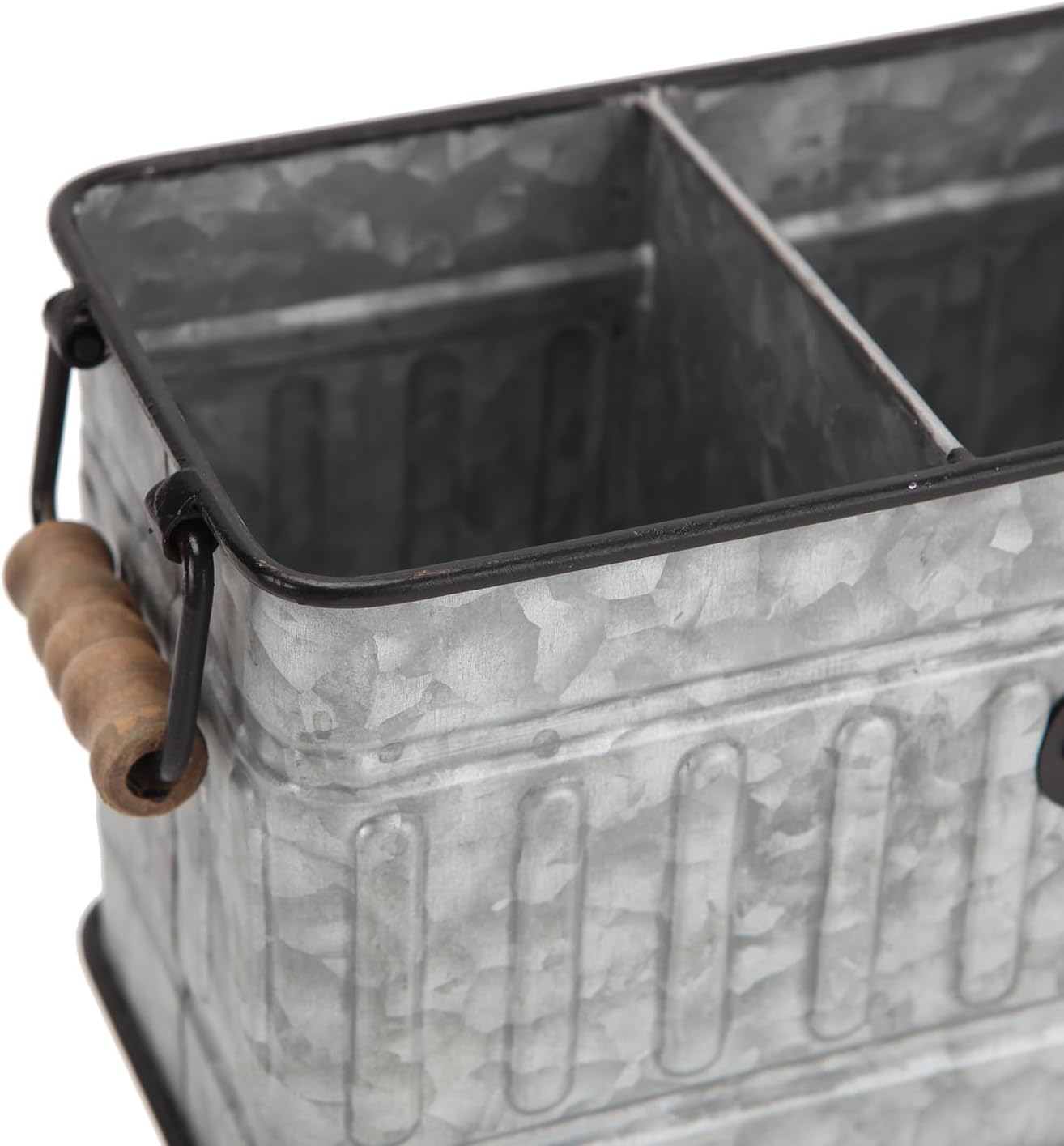 NIKKY HOME Farmhouse – Organizador de cubiertos galvanizado de 3 compartimentos con mango de madera, organizador de cubiertos para encimera de