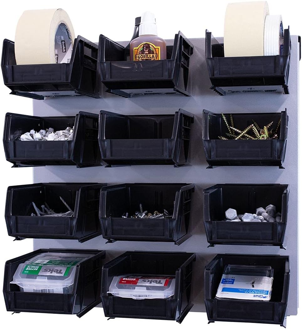 Bin Storage System- Wall Mounted 16″ x 16″ Metal Garage Tool Organization System (Silver)
