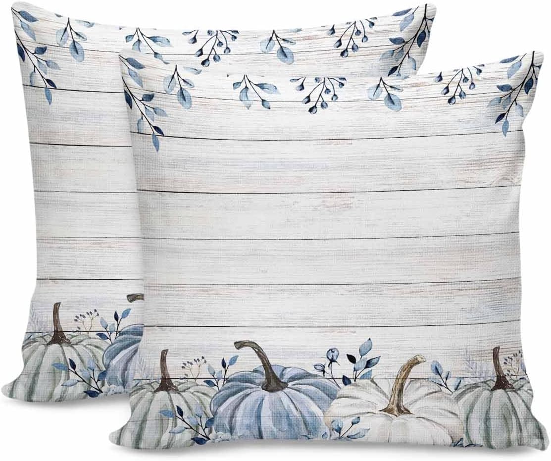 Cotton Throw Pillow Covers Reversible Set of 2, Pumpkin Blue Tree Leaves Floral Fall Soft Couch Pillow Covers for Sofa Bedroom Living Room 18 x 18