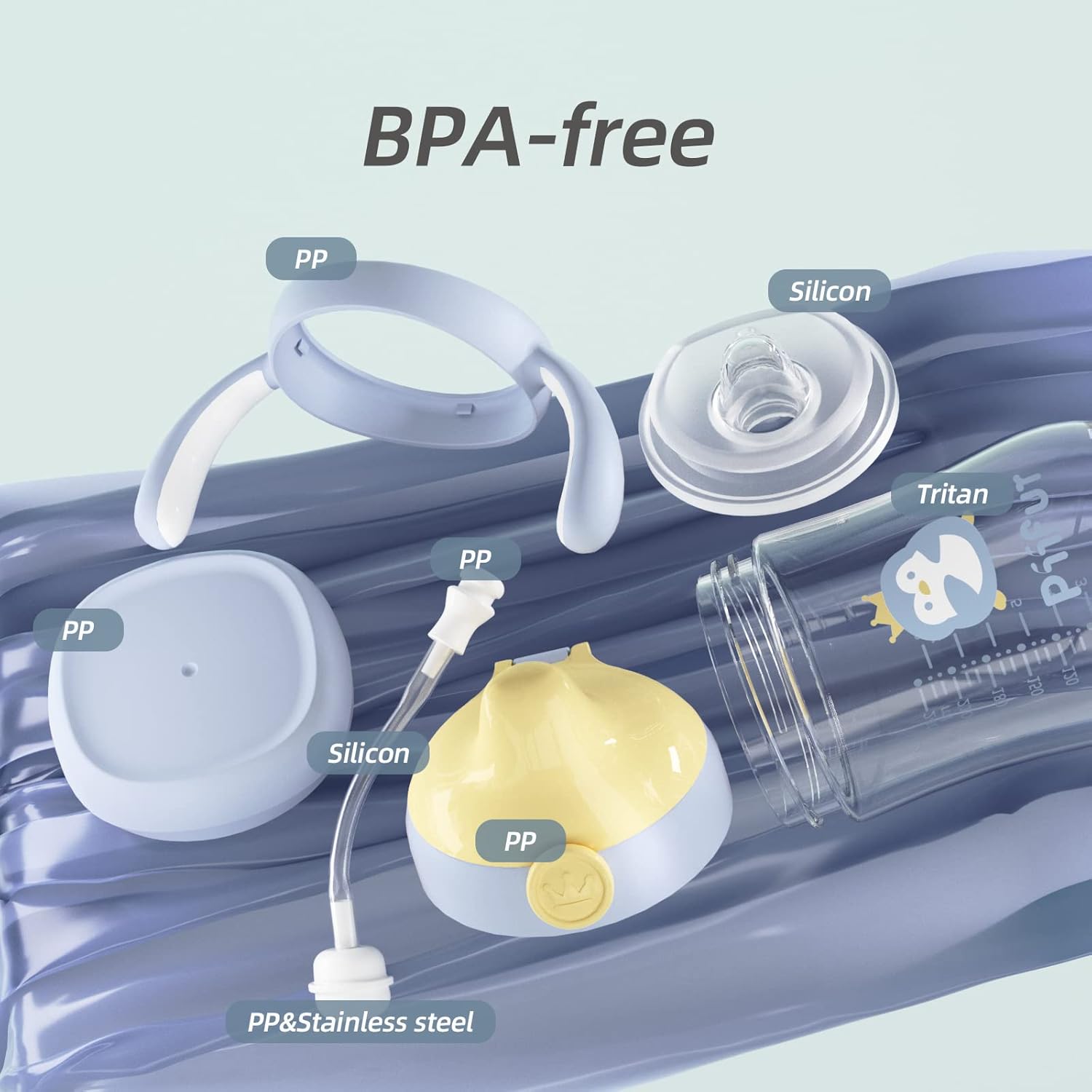 Piifur Tritan – Vaso para beber con tapa de almacenamiento para 6 a 18 meses, a prueba de fugas, vaso con popote con peso con asa para bebé, 8 onzas