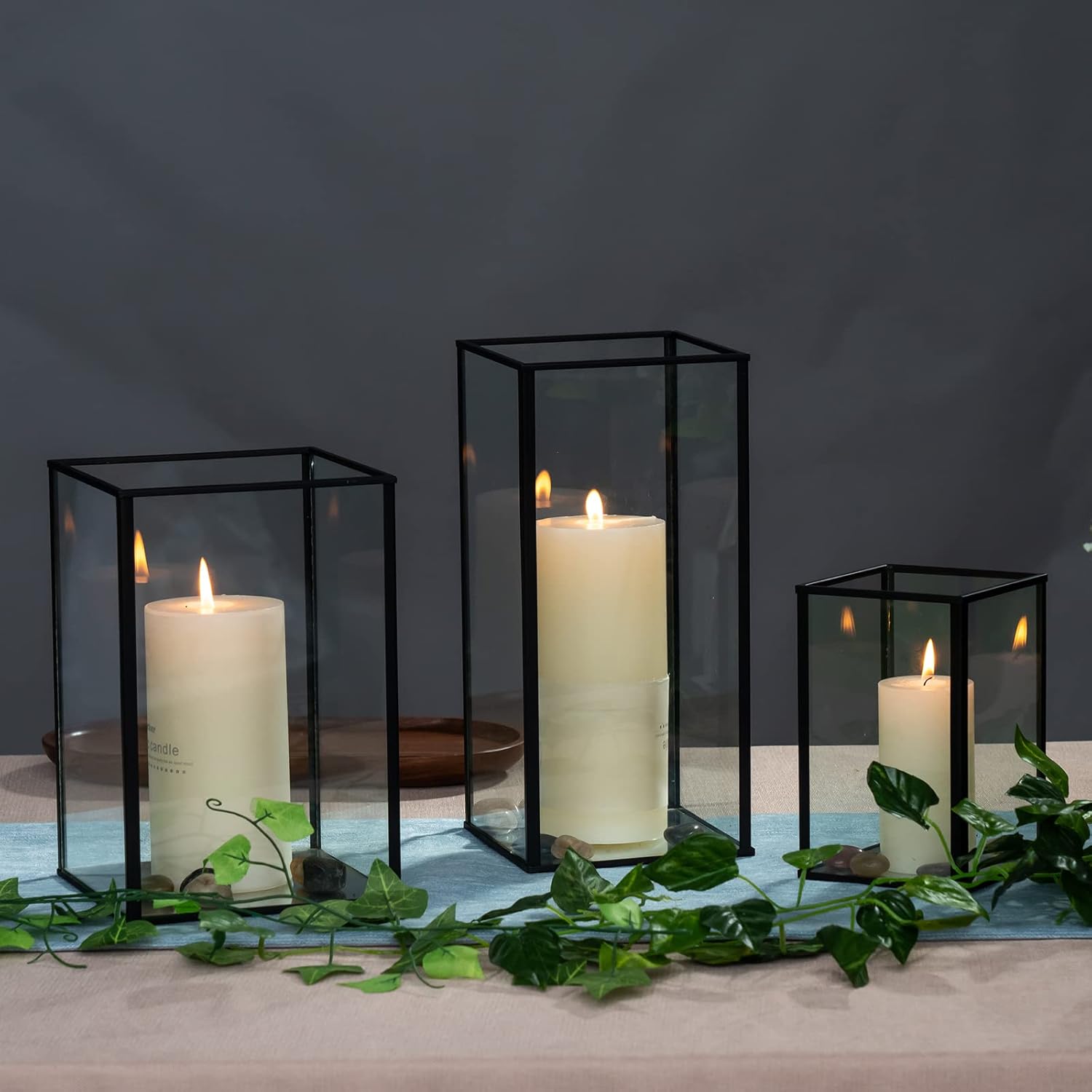 Phosphor Juego de 3 portavelas de huracán grande, portavelas de cristal negro para bodas, fiestas, vacaciones.