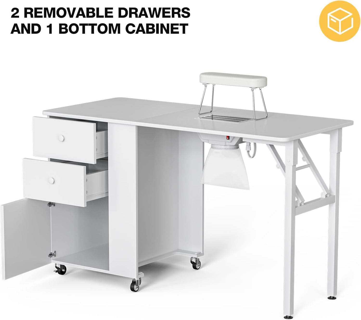 Paddie Mesa de manicura plegable para uñas, estación de mesa plegable para uñas con colector de polvo integrado, longitud ajustable, almohadilla de