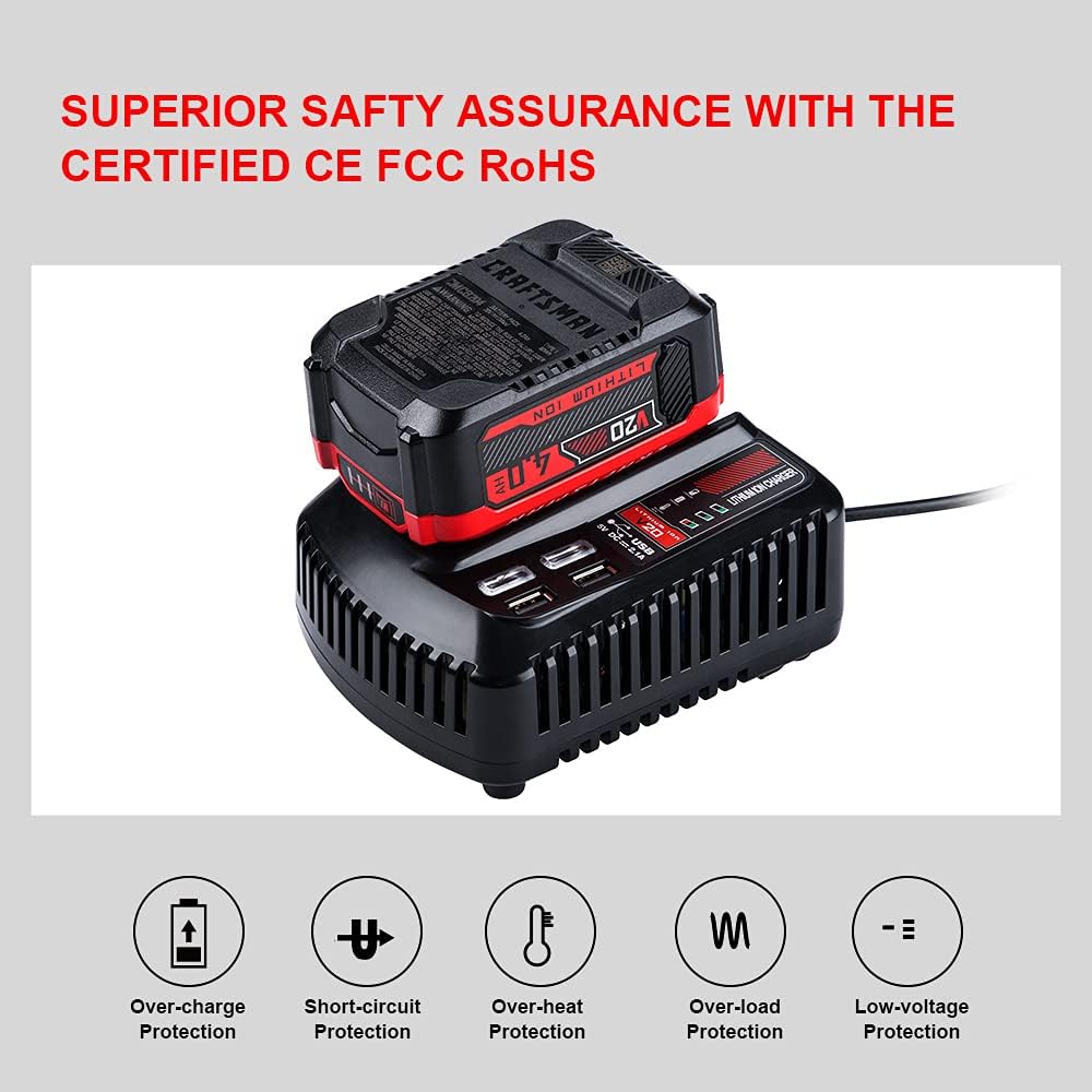 Cargador rápido de batería V20 CMCB104, WaxPar CMCB104, cargador de batería compatible con Craftsman V20 batería de litio CMCB204 CMCB202 CMCB201