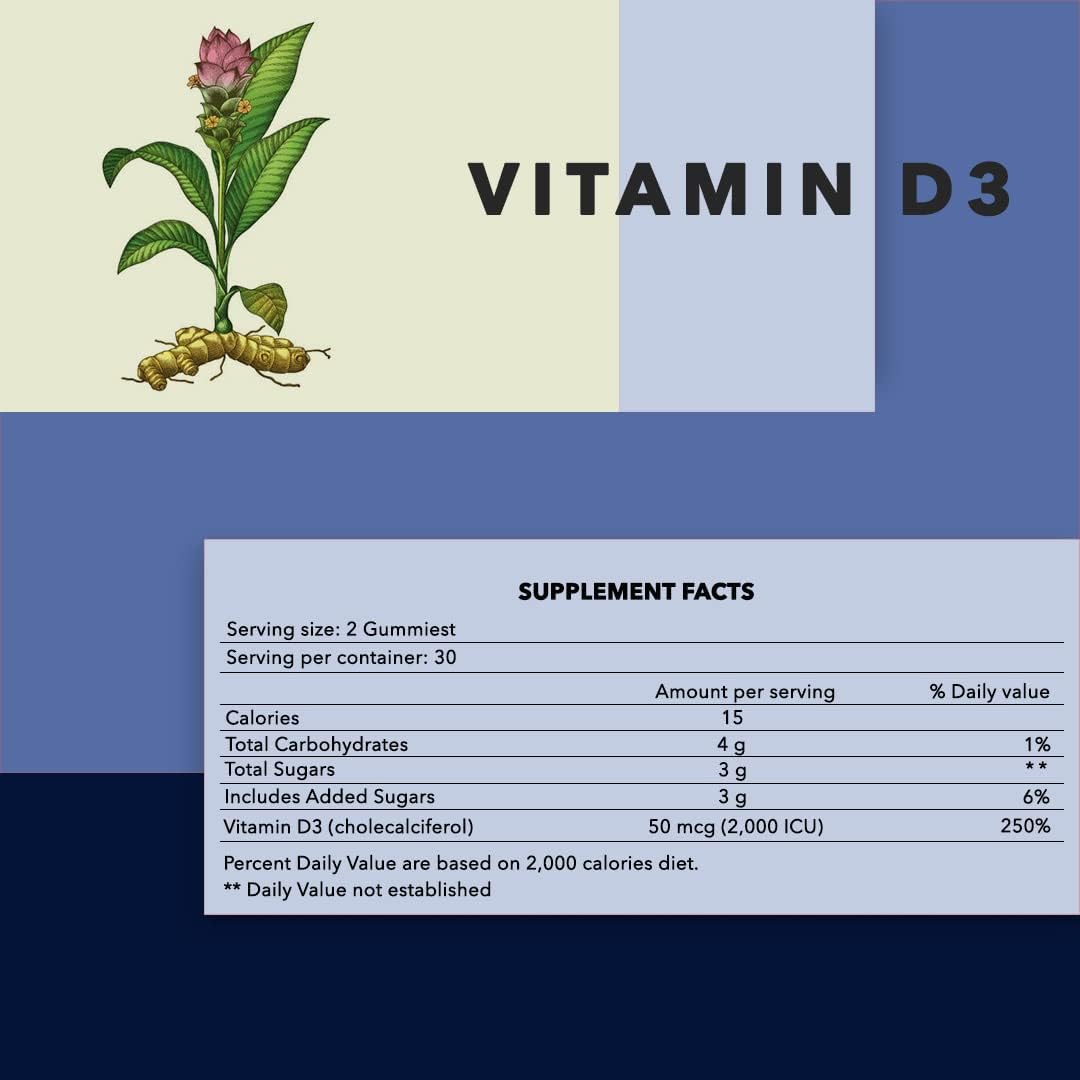 Diska Nulife Gomitas de vitamina D3 (2000UI) de 60 unidades de máxima fuerza, salud ósea, articular, muscular, apoyo inmunológico para hombres y