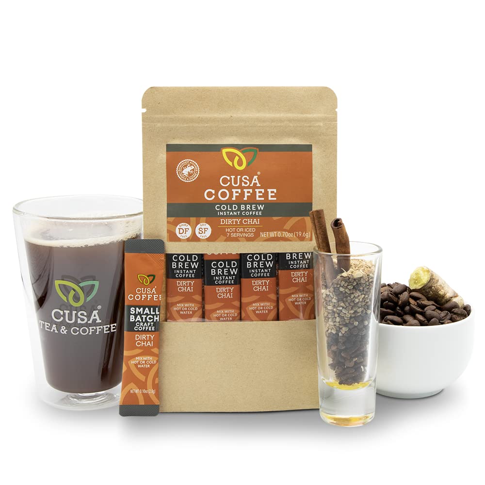 Cusa Tea & Coffee, café frío Dirty Chai. Café instantáneo de primera calidad, granos arábica certificados Rainforest Alliance. Paquetes de mezcla de