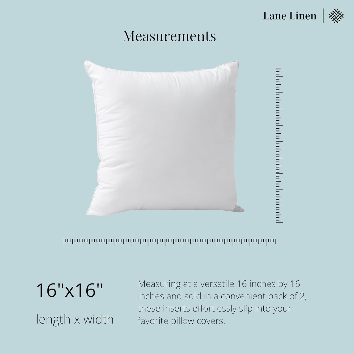 LANE LINEN Relleno de almohada  Paquete de 2 rellenos de almohada de 16 x 16 pulgadas para fundas de almohada decorativas, relleno de almohadas para
