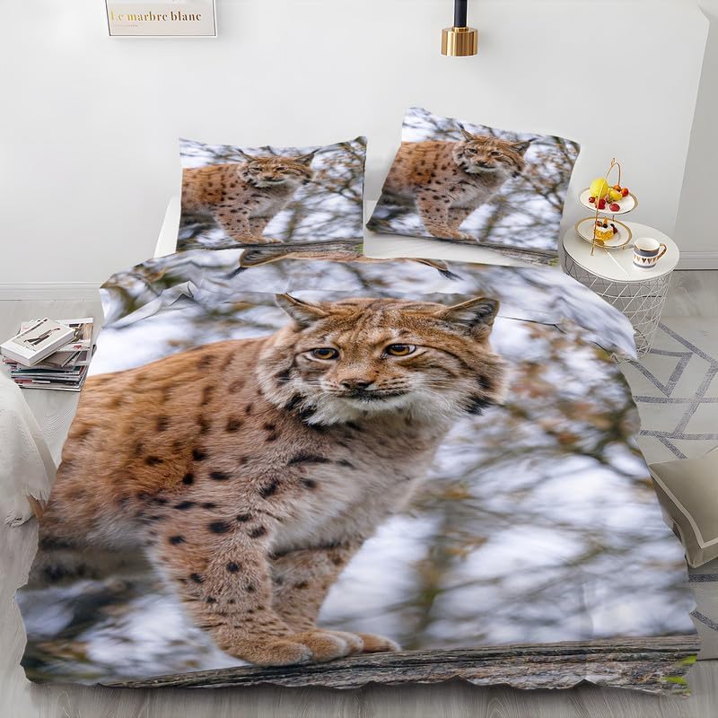 Light Brown Wildlife King Duvet Cover Lynx Print King Bedding Set Soft Microfiber Comforter Cover and 2 Pillow Shams 20″X36″, Bed Set Duvet Covers