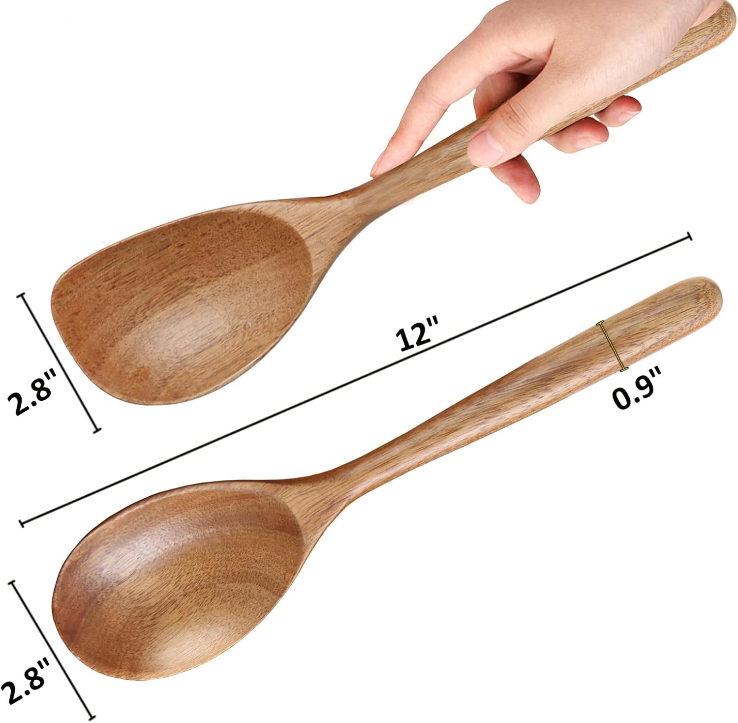 2 cucharas de madera de acacia para cocinar, cucharas de cocina de acabado liso de 12 pulgadas, cucharas de madera de agarre cómodo para cocinar,