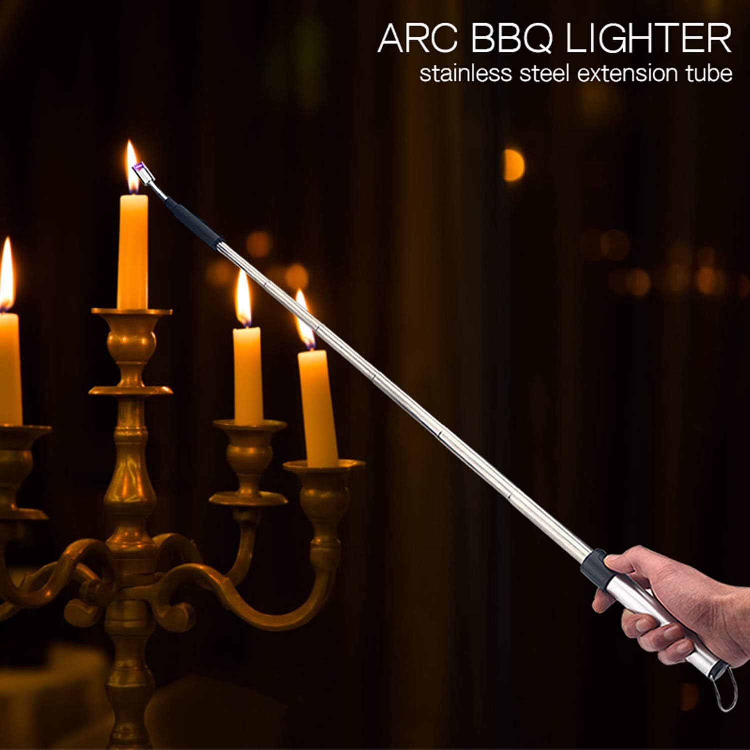 Encendedor telescópico de velas eléctrico recargable por USB, encendedor de plasma, perfecto para el hogar, cocina, fuegos artificiales (plateado)