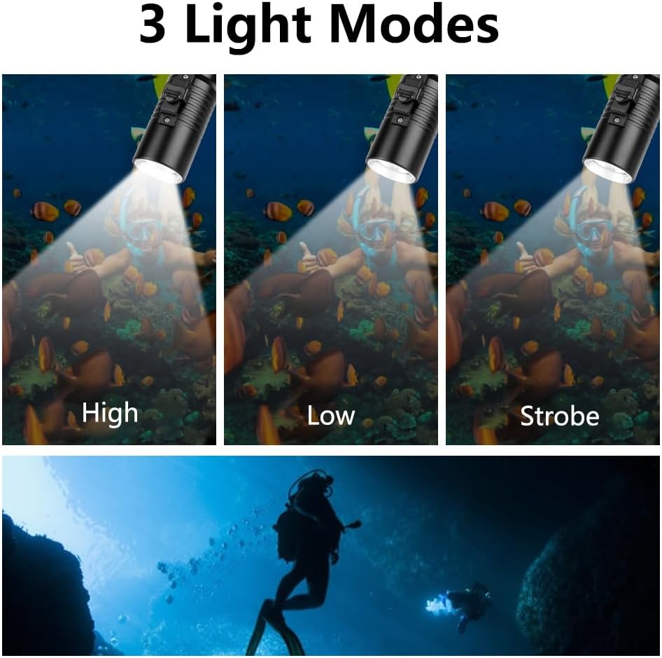 WINDFIRE Linterna de buceo de 1200 lúmenes de alto lumen, luces de buceo LED profesionales, linternas subacuáticas, 98.4 ft, IPX7, impermeable,