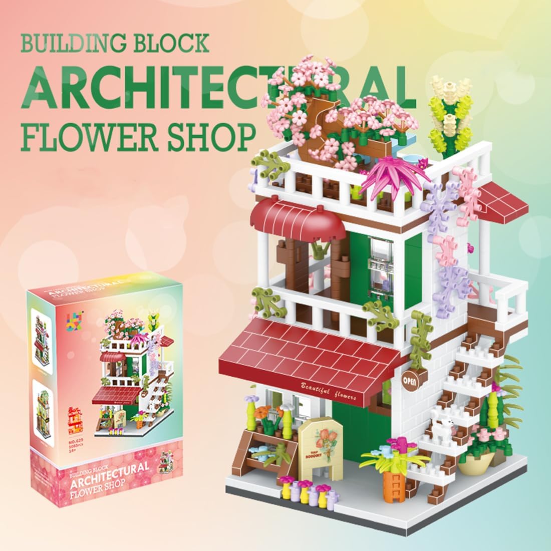 Juego de bloques de construcción de mini casa, MOC Street Store (1085 piezas), buena idea de regalo para niños y niñas (floristería)