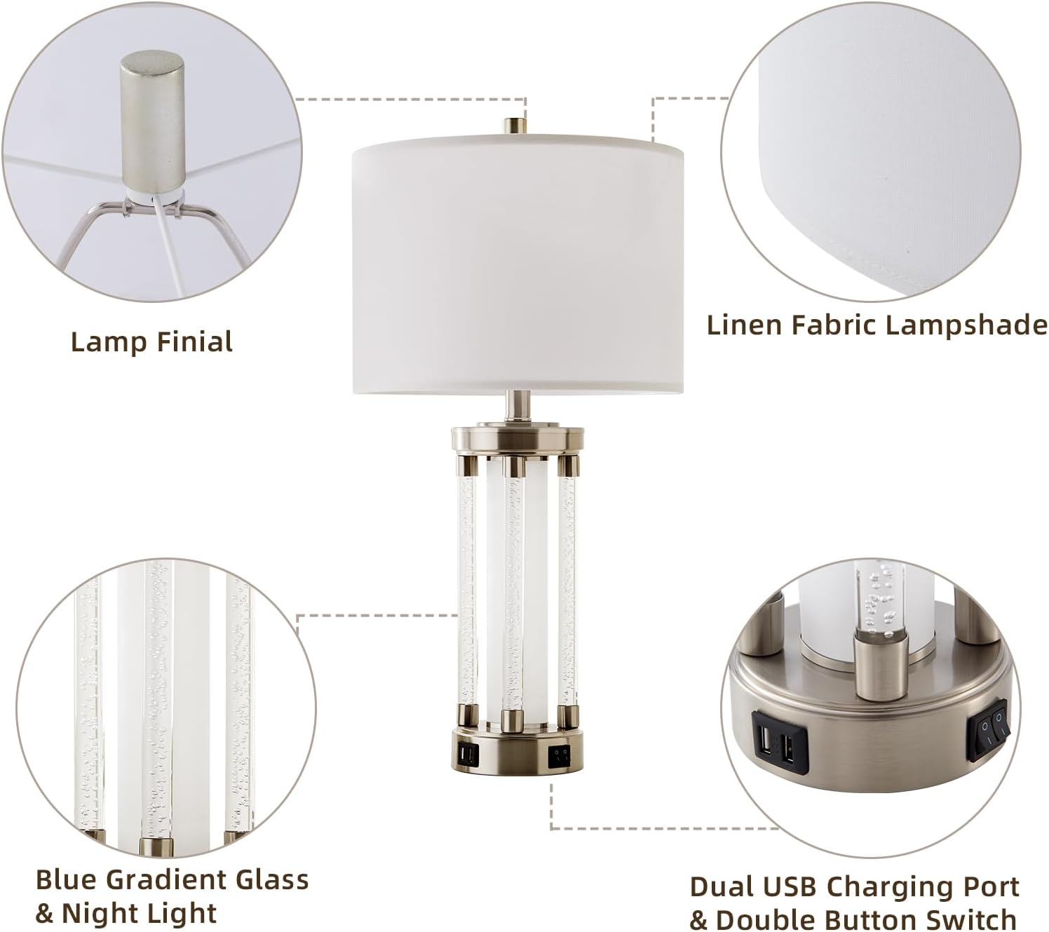 RORIA Juego de 2 lámparas de mesa modernas para sala de estar, dormitorio, lámpara de mesita de noche con 2 puertos USB, lámpara de noche de cristal