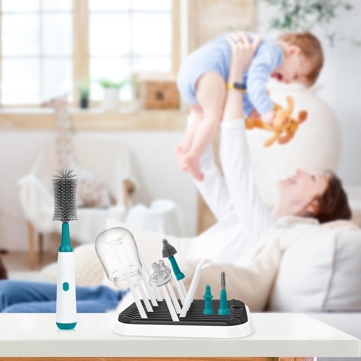 FTUREERA Juego de 6 cepillos eléctricos para botellas, cepillo para biberones, estante de secado de biberones para botellas, impermeable,