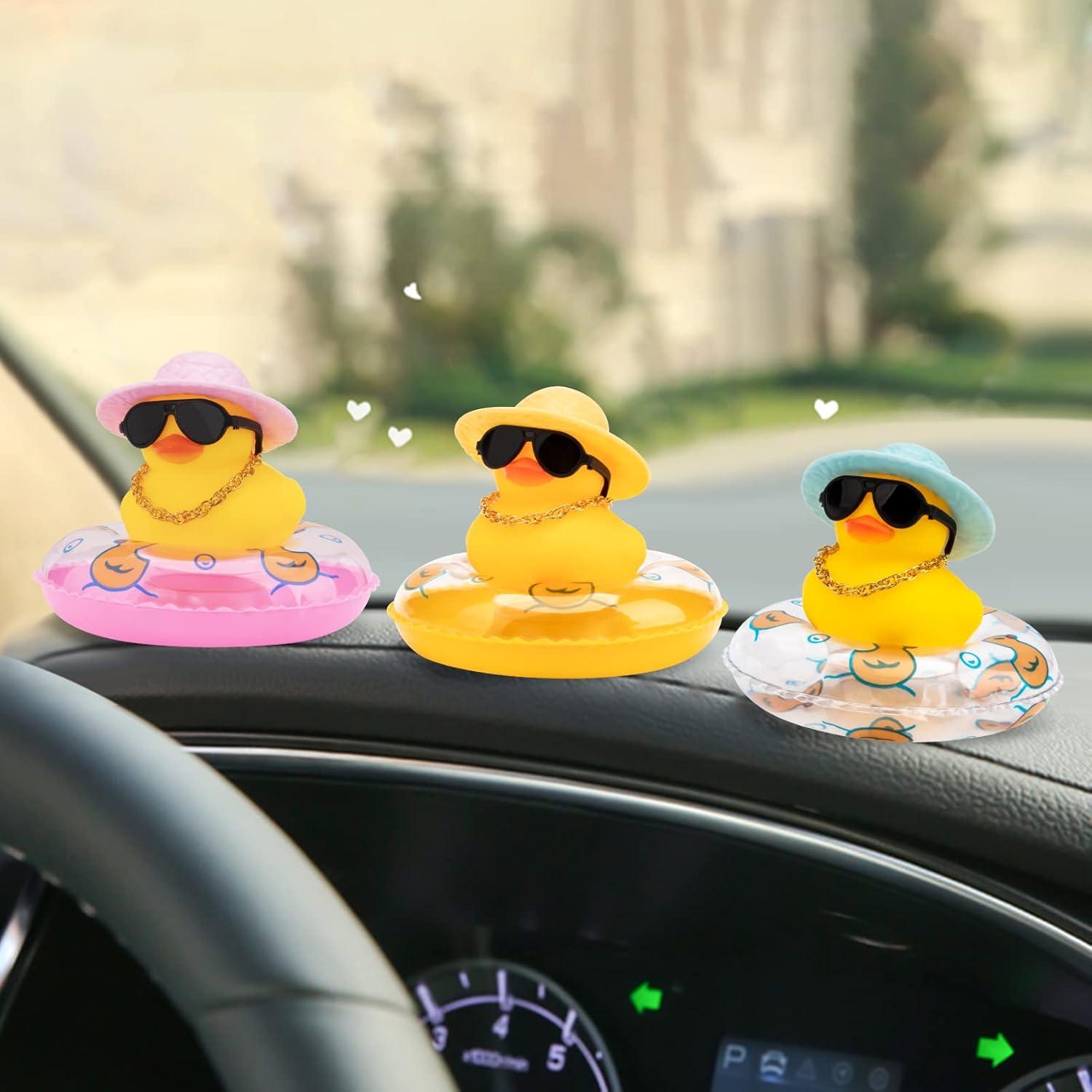wonuu Adornos de pato de goma para automóvil, 3 unidades, diseño de pato amarillo, decoración de tablero de automóvil, con mini sombrero, anillo de