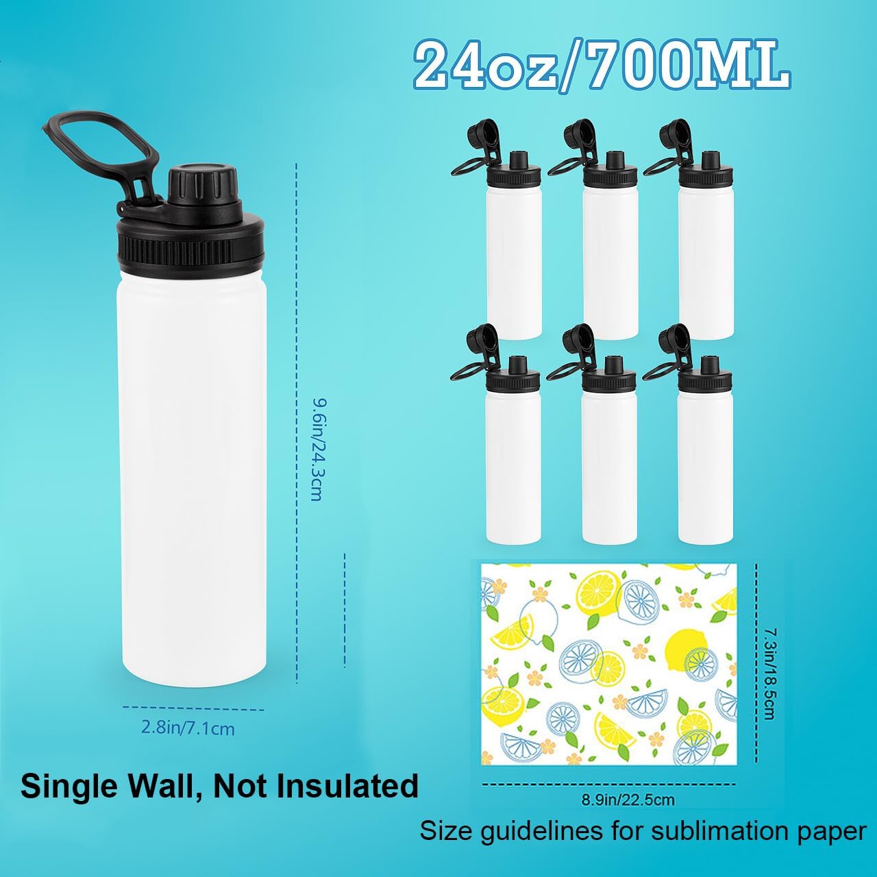 Botella de agua de sublimación en blanco con asa y tapa de boquilla, paquete de 6, botellas de agua personalizadas de 24 onzas, a granel, acero