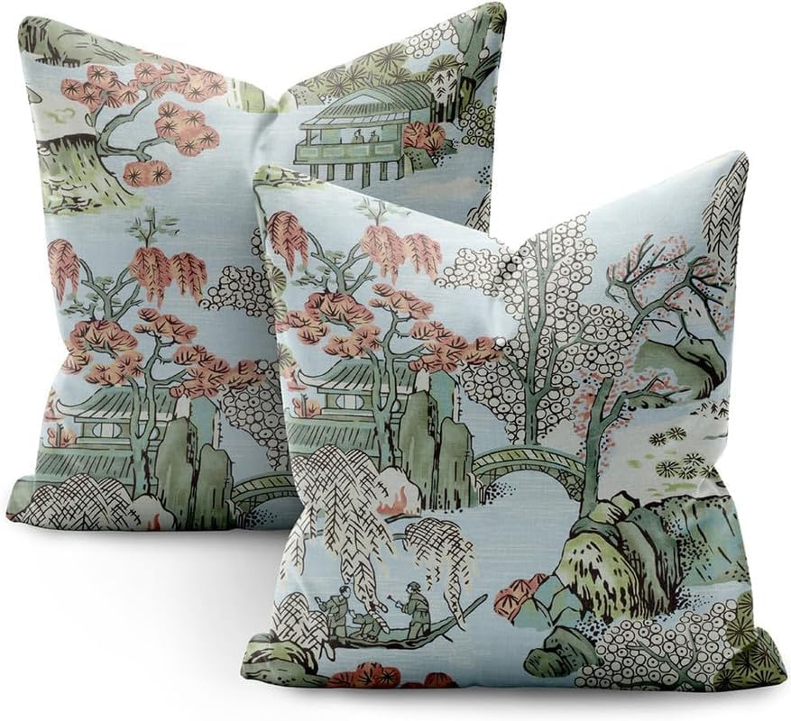 Chinoiserie – Juego de 2 fundas de almohada de 20 x 20 pulgadas, color azul y blanco, fundas de almohada decorativas de lino para exteriores, fundas