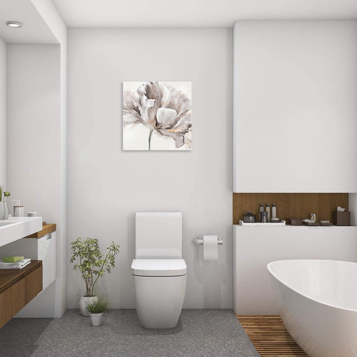 Arte de pared de flores florecientes, arte de pared blanco abstracto floral con pintura a mano dorada sobre lienzo para paredes de baño y