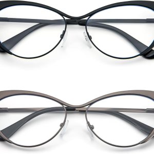 KoKoBin Gafas de lectura de ojo de gato, 2 pares de lentes de marco de metal, lectores de bisagra de resorte con bolsa de cuero para hombres y KoKoBin Gafas de lectura de ojo de gato, 2 pares de lentes de marco de metal, lectores de bisagra de resorte con bolsa de cuero para hombres y