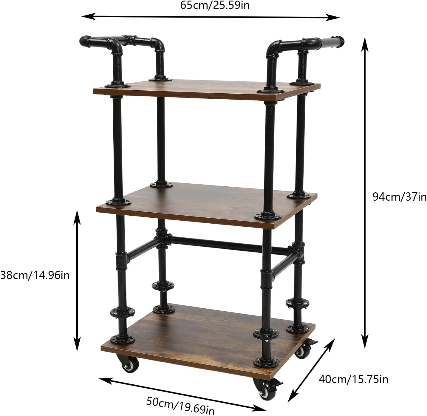 Carrito de servicio de barra industrial, carrito de almacenamiento de isla de cocina de 3 niveles con ruedas, carrito de metal multifunción con
