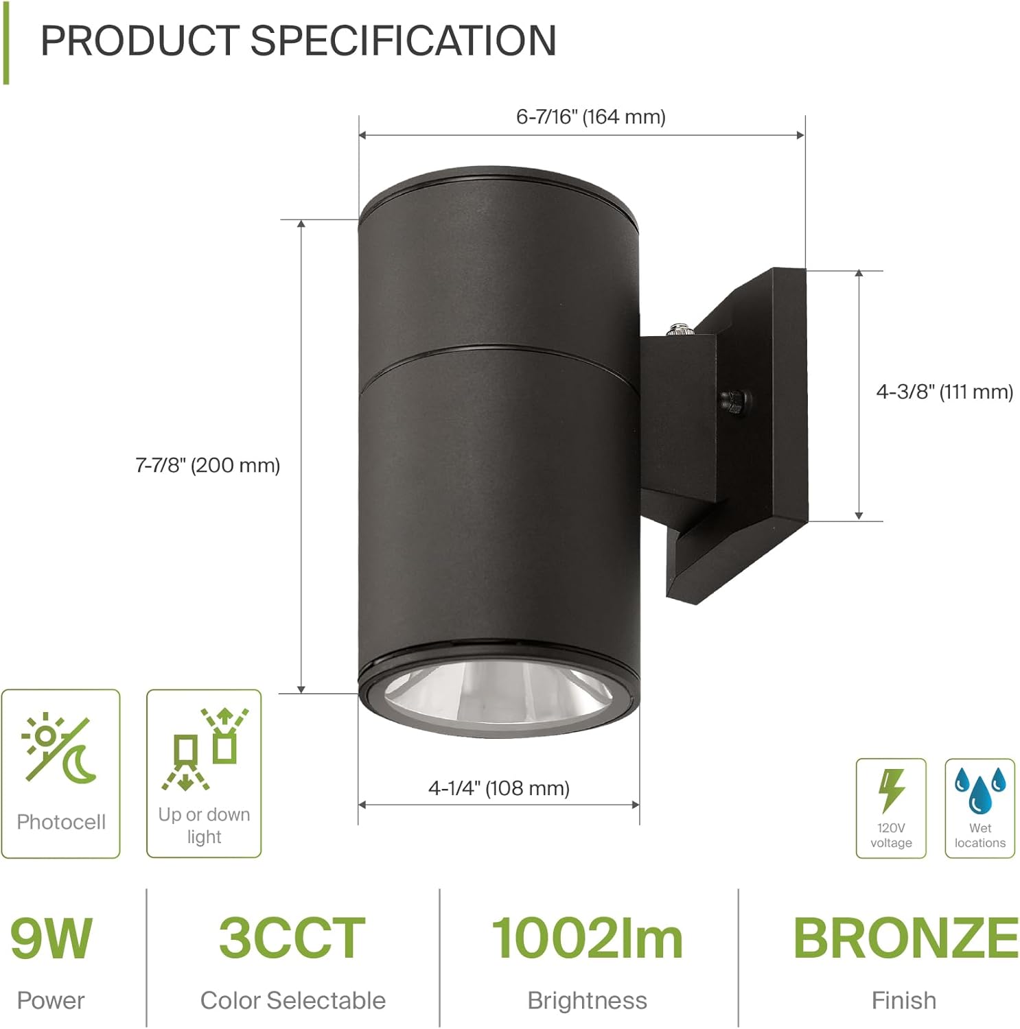 ASD Lámpara LED de pared cilíndrica redonda de 1 vía  9W 1000LM 3000K-5000K 120V  3CCT, fotocélula a prueba de agua, certificación ETL  Aplique de
