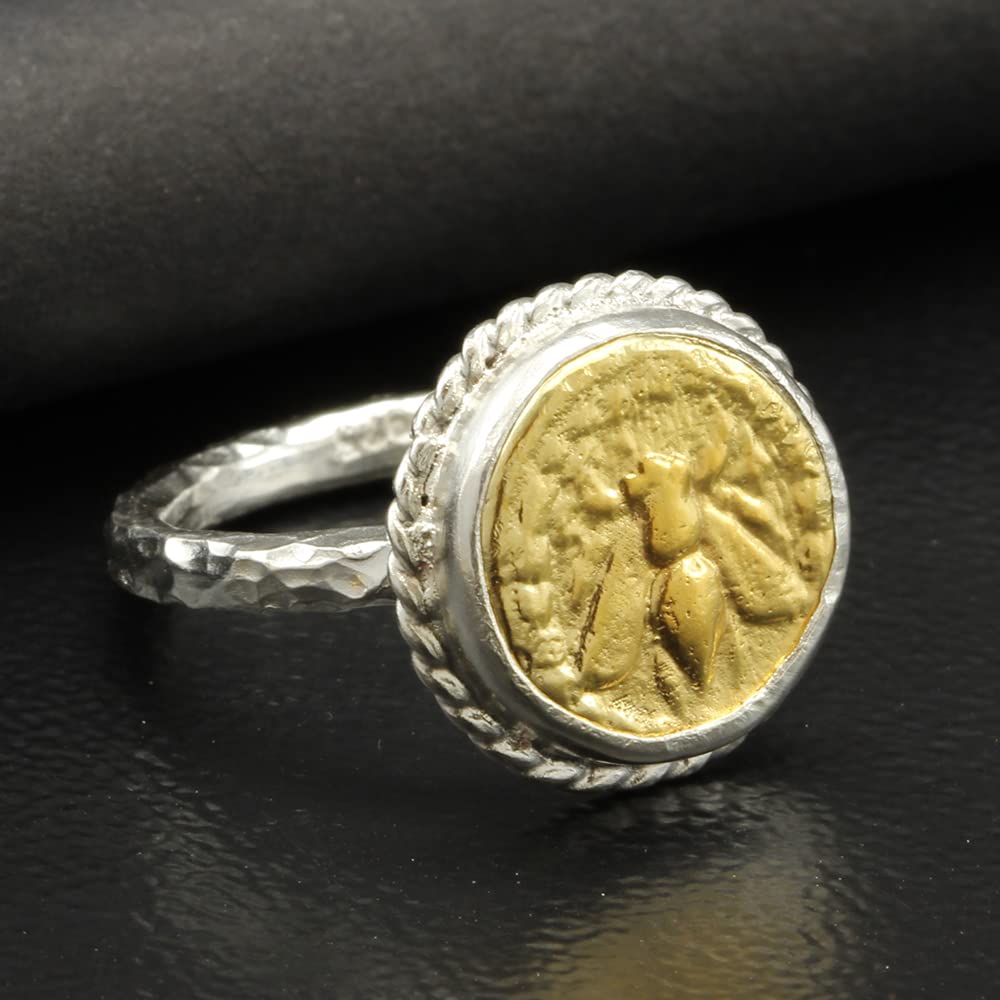 Caprixus 925 Sterling Silver Two Tone Honey Bee 24K Yellow Gold Vermeil Ancient Bumblebee Signet Coin Ring Hammered Rings for Women Designer Fine