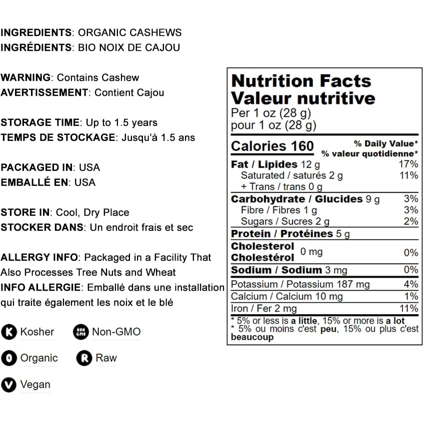 Castaña de cajú orgánicas certificadas de Food to Live Certified W-240 (enteras, crudas)
