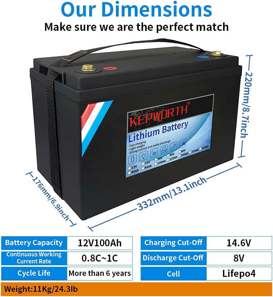 Batería LiFePO4 de 12 V 100 Ah 1280 Wh de ciclo profundo Batería recargable de fosfato de hierro y litio BMS integrado, perfecta para RV, solar,
