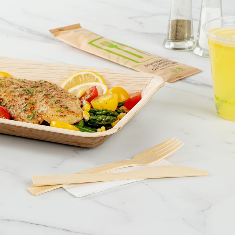 Restaurantware Bambuddha – Juego de utensilios de bambú de 7 pulgadas, 100 utensilios de bambú desechables, cuchillo y servilleta, acabado liso,