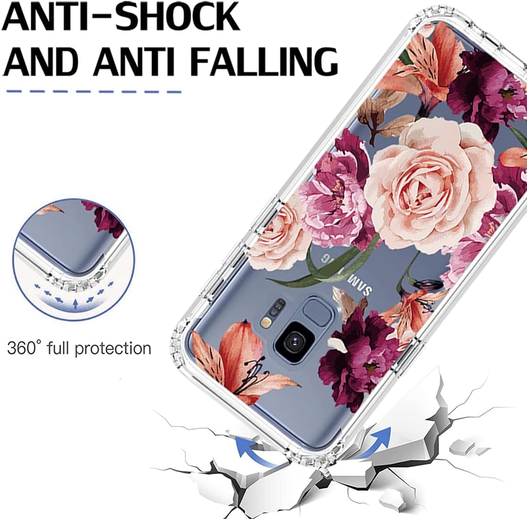 Funda para Galaxy S9, Samsung S9 SM-G960U con protector de pantalla de vidrio templado, cuerpo completo, lindo diseño floral, a prueba de golpes,