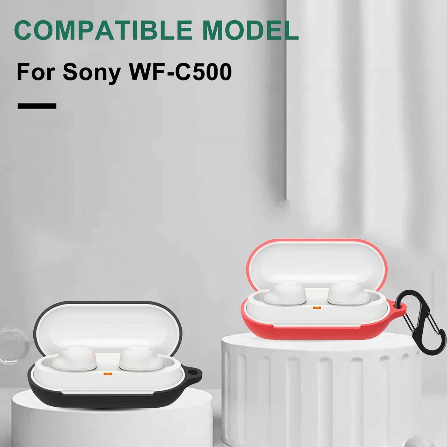 Funda de silicona compatible con Sony WF-C500 a prueba de golpes con accesorios de mosquetón (negro)