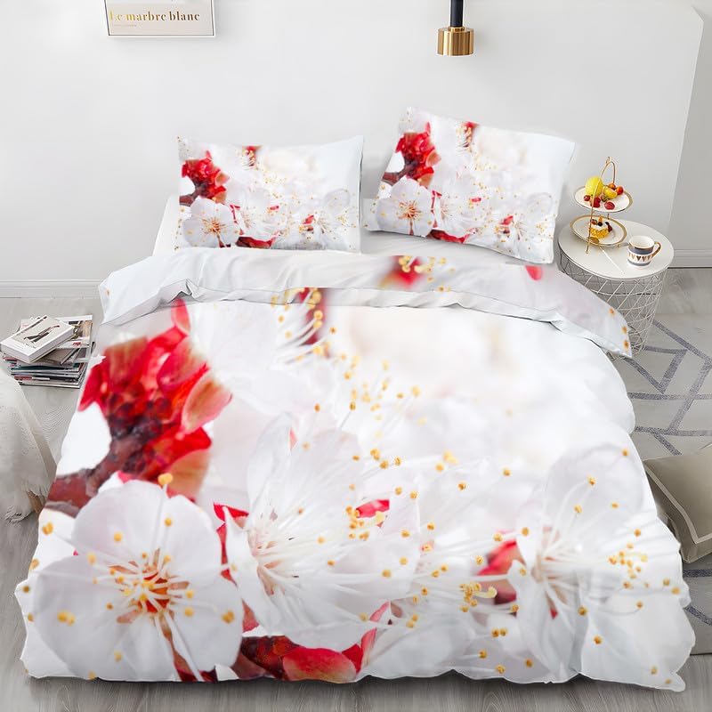 Juego de funda de edredón individual con estampado de plantas y flores blancas, funda de edredón de microfibra suave y 2 fundas de almohada de 20 x