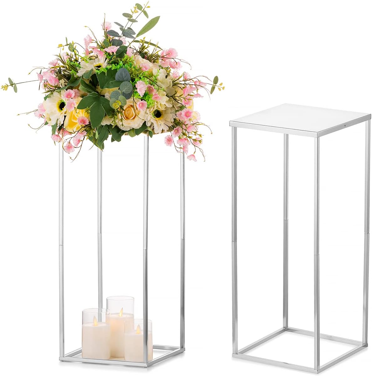 Sziqiqi Jarrón de centros de mesa de boda para mesas con platos, 2 piezas de columna de metal, soporte geométrico de flores de 23.6 pulgadas,