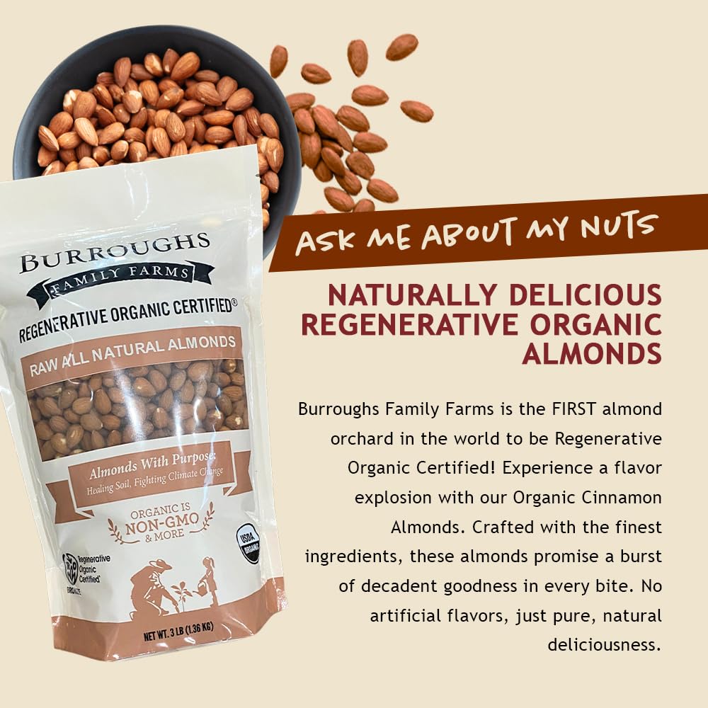 Burroughs Family Farms Almendras orgánicas regenerativas totalmente naturales, sin gluten, sin OMG, almendras paleo cetogénicas, delicias sin culpa