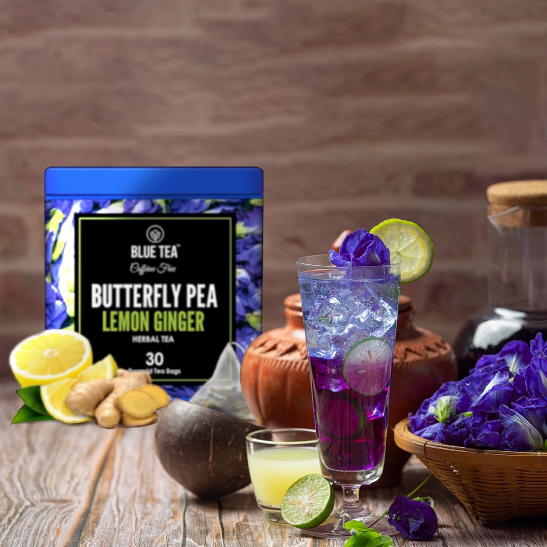 BLUE TEA – Té de hierbas Butterfly Pea Lemon Ginger – 30 bolsas de té  Sin cafeína  Regalos de té de Navidad  Vegano – Sin gluten – Sin OMG
