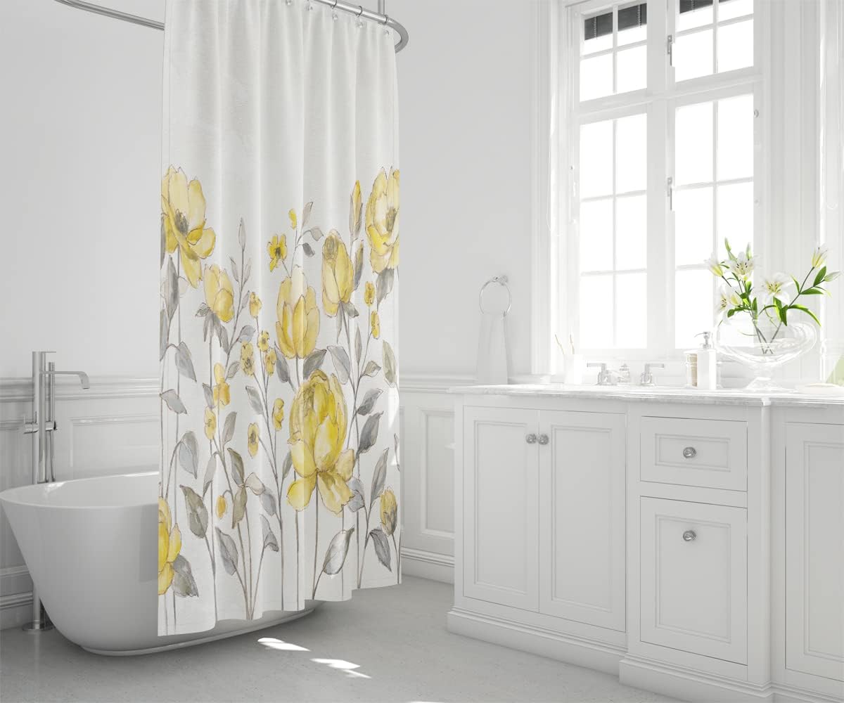 Cortina de ducha para baño, diseño floral de flores blancas y amarillas, cortina de ducha impermeable amarilla y gris, estilo moderno, 72 x 72