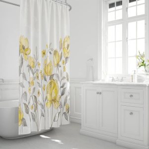 Cortina de ducha para baño, diseño floral de flores blancas y amarillas, cortina de ducha impermeable amarilla y gris, estilo moderno, 72 x 72 Cortina de ducha para baño, diseño floral de flores blancas y amarillas, cortina de ducha impermeable amarilla y gris, estilo moderno, 72 x 72